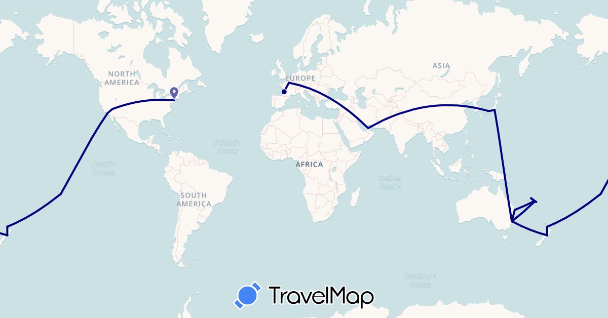 TravelMap itinerary: driving in United Arab Emirates, Australia, France, Japan, New Caledonia, New Zealand, French Polynesia, United States (Asia, Europe, North America, Oceania)